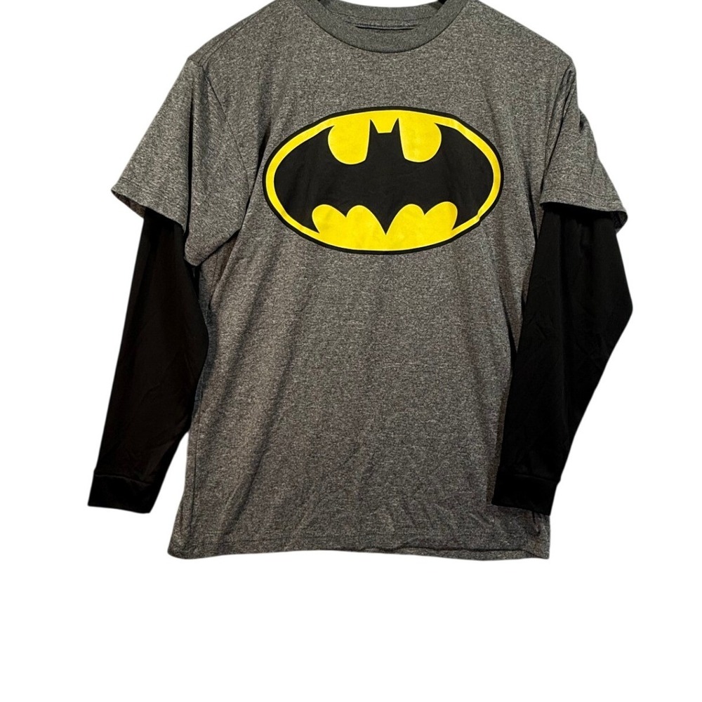 Batman Graphic Tee Kids L Grey Black Layered Long Sleeve Superhero T Shirt Logo